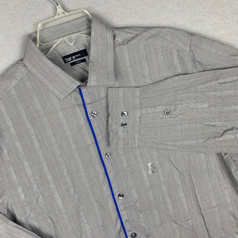 Bar III Slim Fit Mens Grey Blue Striped Stretch Dress Shirt 16 32-33 L
